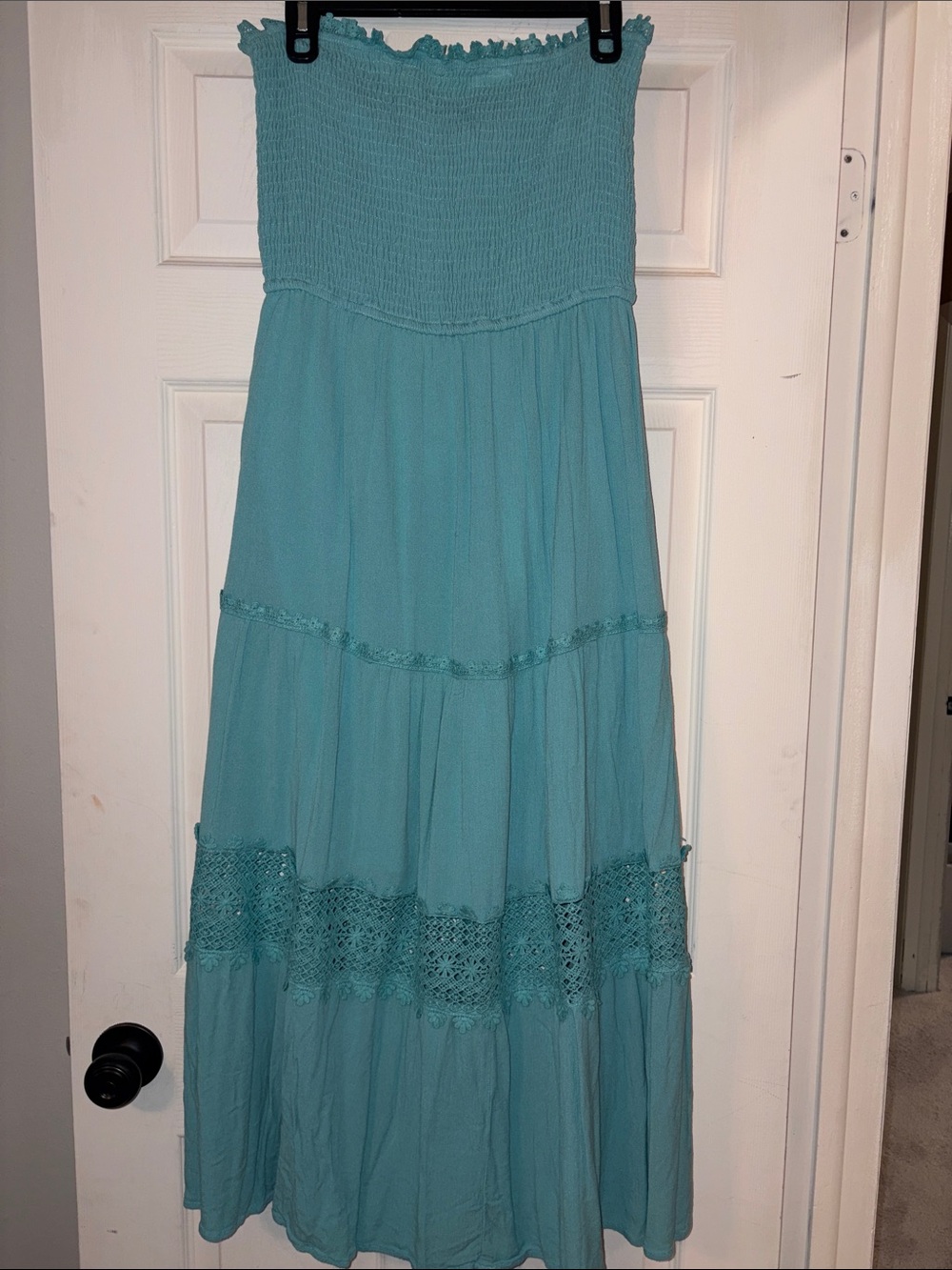 Smocked Strapless Teal Maxi Dress with Crochet Trim
